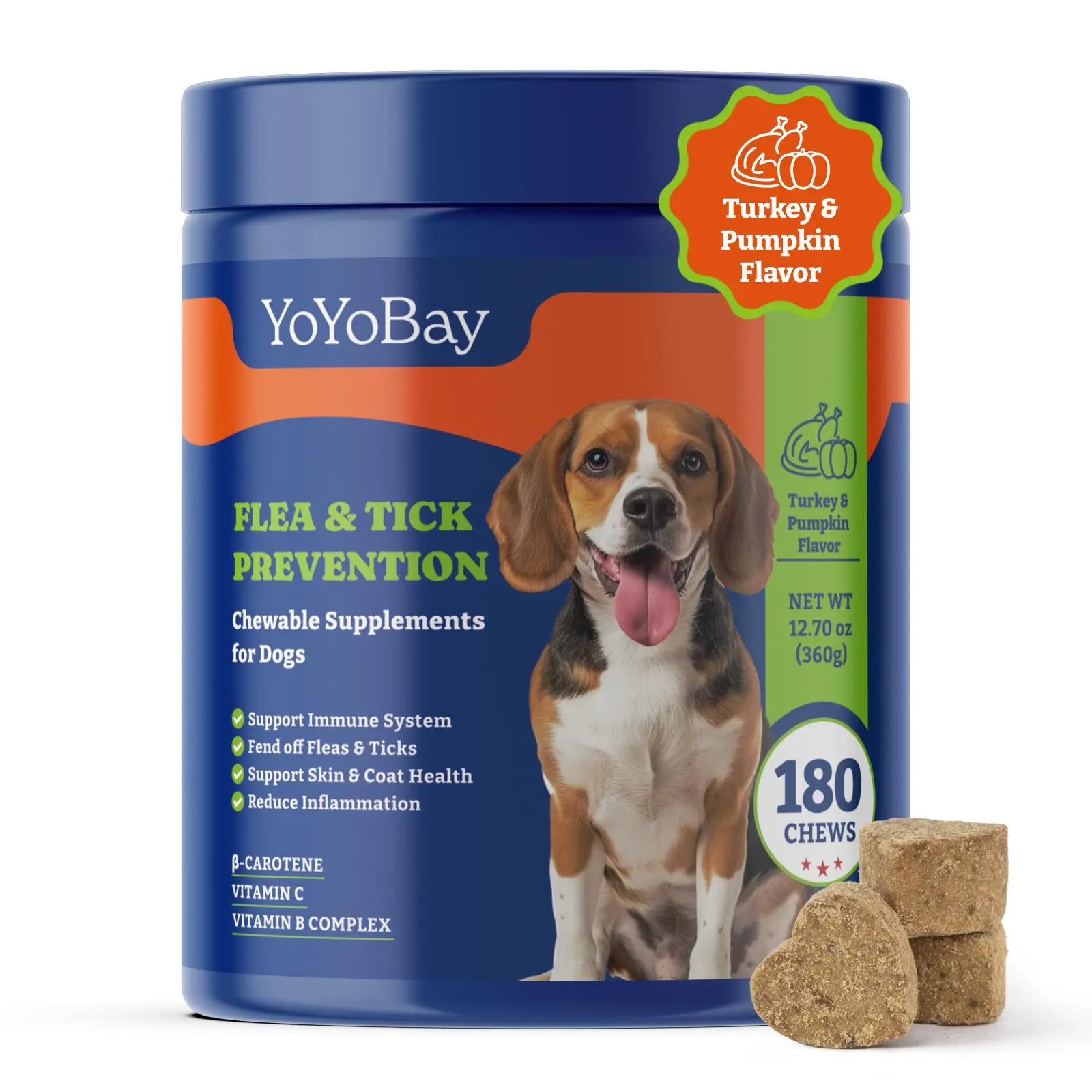 Flea and Tick Prevention for Dogs Chewable - 180 Soft Chews, Turkey & Pumpkin Flavor - Dog Flea and Tick Chewable, Natural Defense - Dog Immune Support Supplement