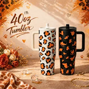 1 Pc 40oz Insulated Mug, Insulated Tumbler, Double Wall Vacuum Cup, Vacuum Flasks Keeps Hot 12 Hours Cold 24 Hours, Leak Proof Lid With Handle And Straw, Large Capacity Thermal Mug, Leopard Print Design, Drinkware, Travel Cup Gift For Women Men Holiday