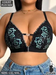 Plus Size Wireless Lace Bralette for Women, No Padded Cross Back Comfort Bra, Fashion Heart Buckle Plus Size Curvy Daily Bra