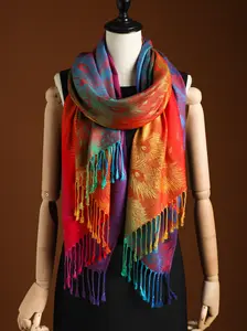 Boho Feather Print Scarf, Bohemian Flair, Long Fringe Design Shawl, Beautiful Pashmina Wrap, All-Season Woven Fabric, Casual Style, Moderate Thickness