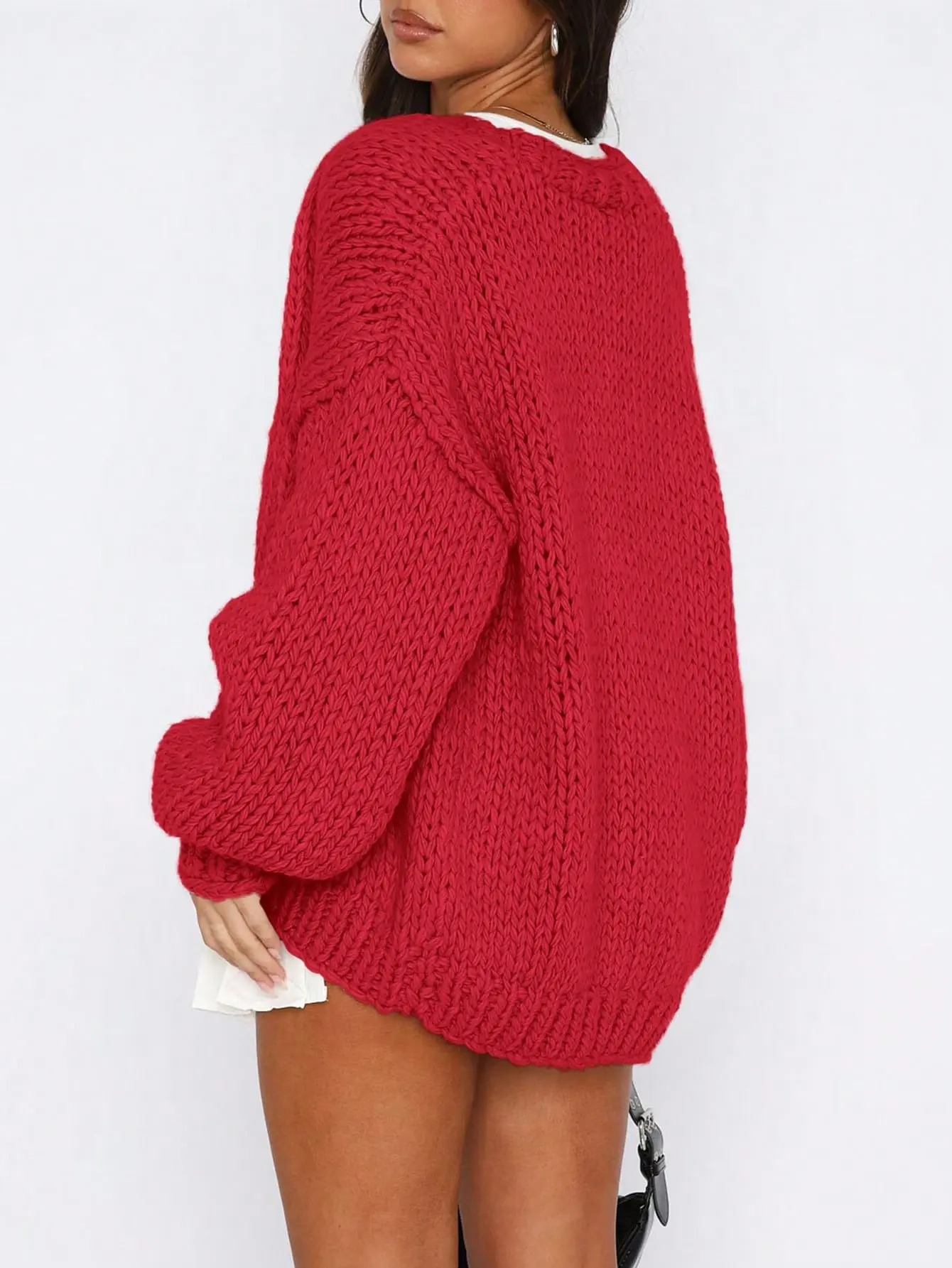 Women's Red Chunky Knit Open Front Cardigan Sweater Long Sleeve Loose Fit Cozy Fall Winter Casual Fashion Outerwear