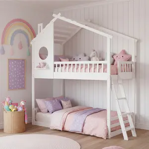 Sweetcrispy LIVE - Wood Twin Over Twin House Bunk Bed, Loft Bed with Ladder, Safety Guardrail, Wooden Slats & Window, Kids Twin Bed Frame for Teens Juniors, Freely Decorative House Roof
