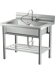 "Stainless Steel Utility Sink, Free Standing Single Bowl Laundry Sink With Cold And Hot Water Pipes&Pull-Down Faucet Commercial Sink For Restaurant Indoor And Outdoor Sink Free Standing Stainless-Steel Sink,Outdoor Kitchen