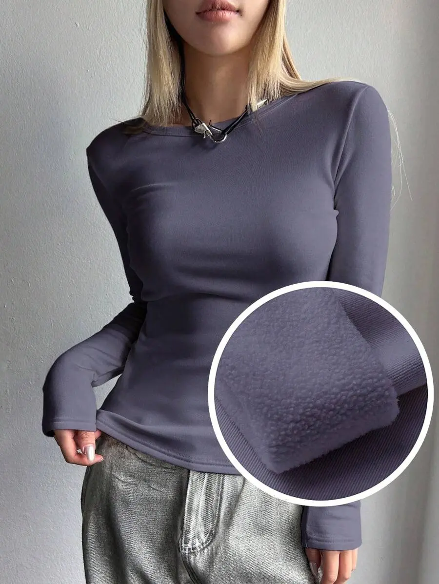Women Round Neck Solid Color Long Sleeve Casual Fleece Thick T-Shirt, Autumn/Winter,Fall Women Clothes, thermal shirts for women