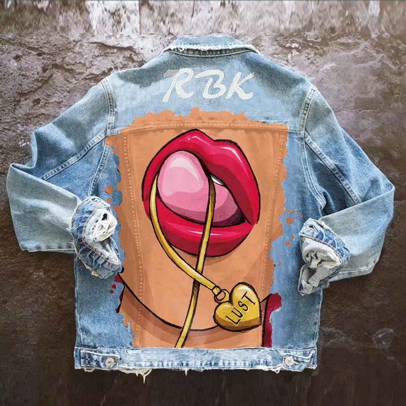 Women's Autumn New Hot Selling Street Net Red With The Same  Tongue Out Print Pattern Lapel Denim Jacket