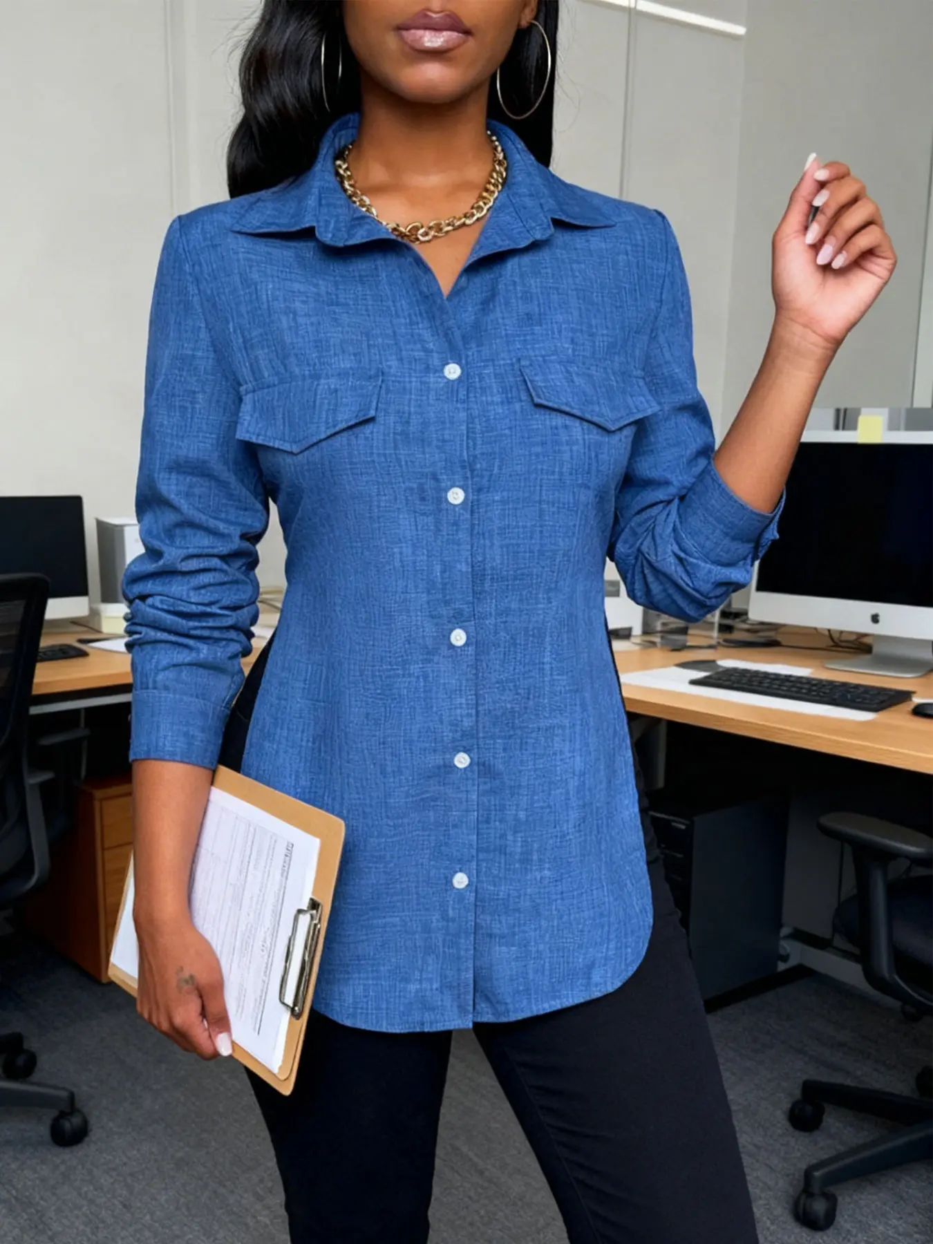 Ladies' European and American style waist cinching imitation denim Collared shirt, Button Front Blouse, Button Up Womenswear slim fitting long sleeved top, versatile, Casual Blouse for workplace/daily use, Blouses Shirts