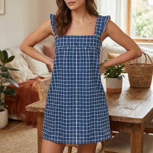 Women's Summer Mini Plaid Dress Ruffle Trim Square Neck Loose Fitting Cami Dress