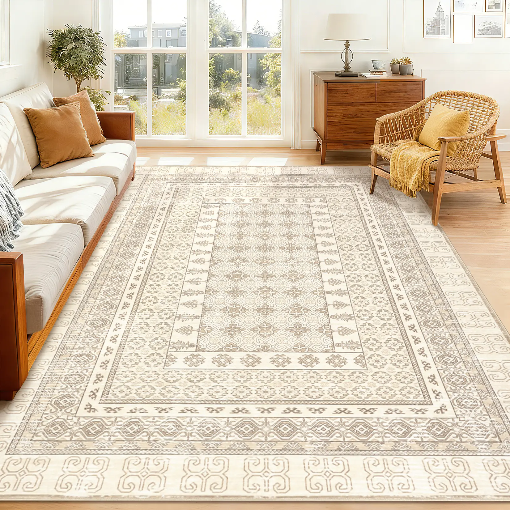 Washable Living Room Area Rug, Geometric Bordered Bedroom Rugs with Non Slip Back, Indoor Vintage Soft Large Dining Room Carpet,Minimalist Oriental Home Decor Rug