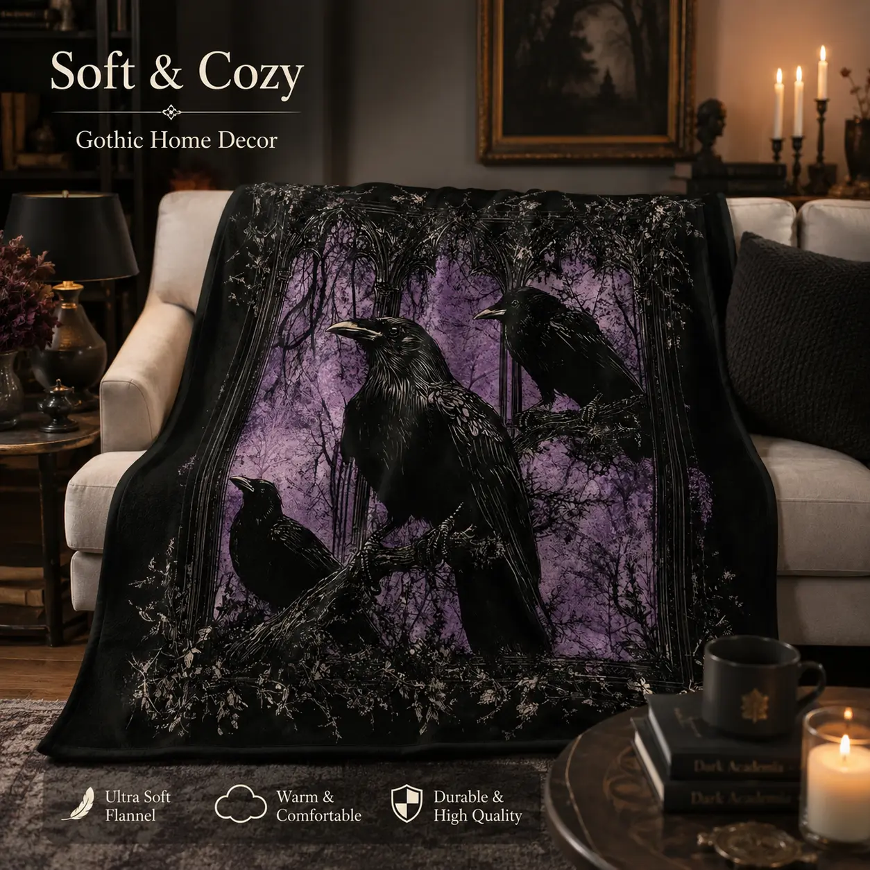 Gothic Raven Flannel Blanket, Black Purple Crow Throw Blanket, Soft Cozy Gothic Gift for Women Men, Halloween Couch Bed Bedroom Decor
