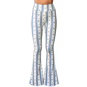 Daisy Del Sol Women’s Flare Stretch Yoga Comfortable High Waisted 70s Hippie Bohemian Floral Stripe Print Legging Loungewear Festival Forbidden Pants Bell Bottoms  - Blue Coquette