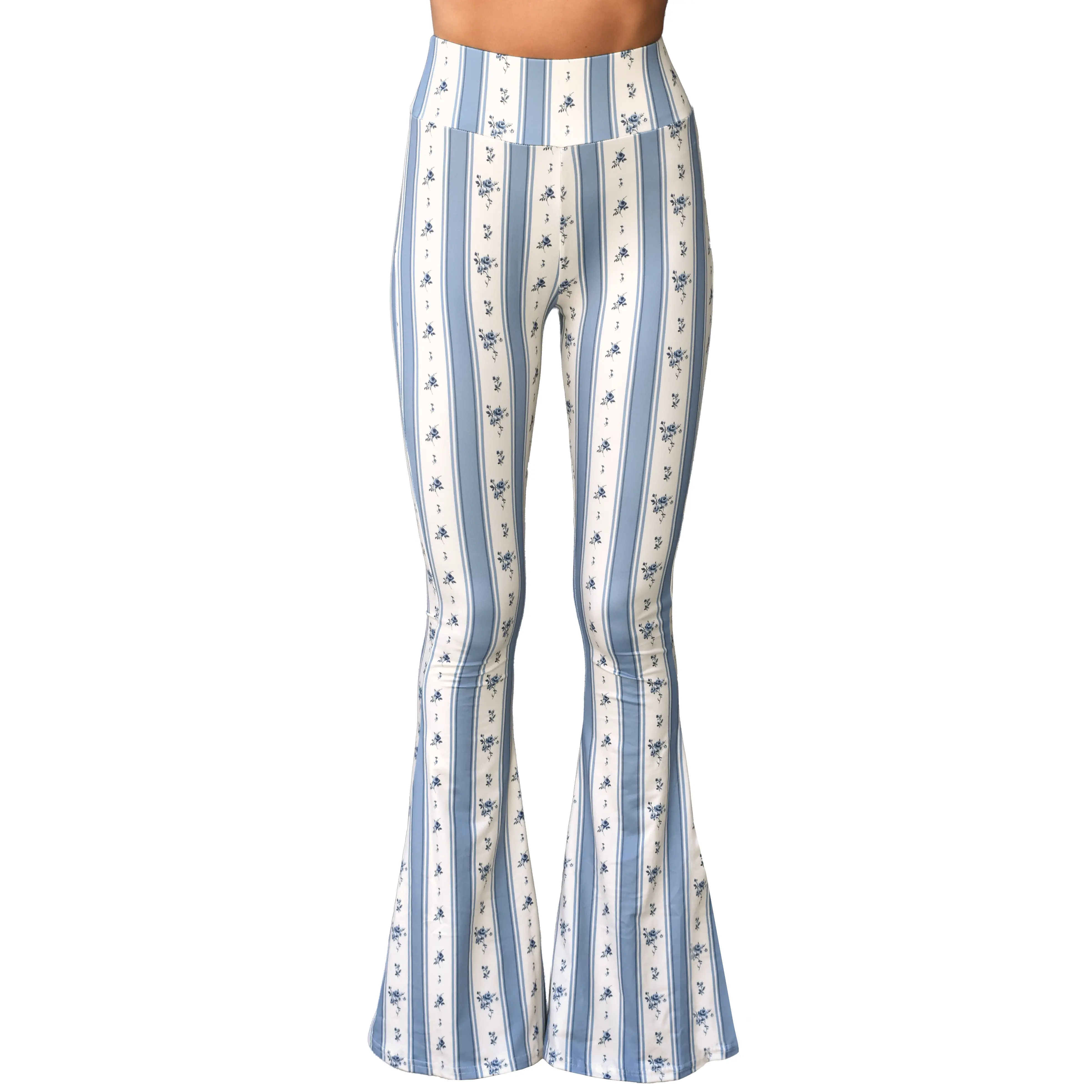 Daisy Del Sol Women’s Flare Stretch Yoga Comfortable High Waisted 70s Hippie Bohemian Floral Stripe Print Legging Loungewear Festival Forbidden Pants Bell Bottoms  - Blue Coquette