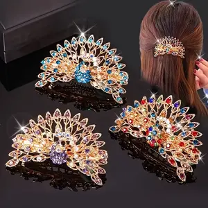 Elegant big peacock - type alloy with colored stone, spring tail accessories,