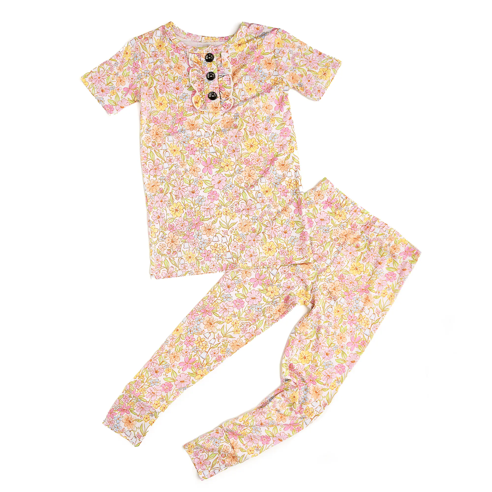 Kennedy Floral Ruffle Two Piece Outfit Bamboo Easter Floral Lounge Set Girls Gigi and Max
