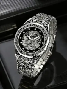 Silver Dragon Hollow Mechanical Watch, Vintage Carved Full Silver Strap, Diamond Dial Automatic Movement, Business Gift for Men