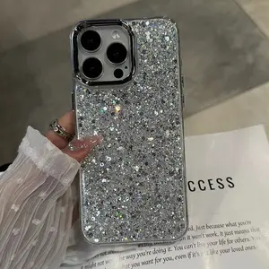 Stylish Silver Shimmering Phone Case For iPhone 16 15 14 13 11 Pro Max  Shock-Resistant and Drop-Proof Protective Case