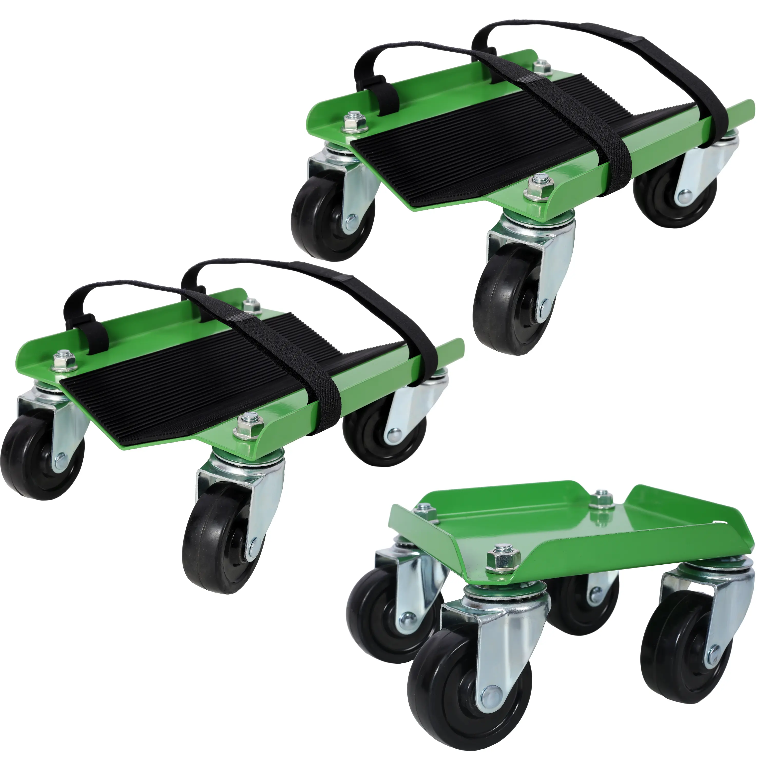 Heavy-Duty Steel Structure Metal Industrial Snowmobile Dolly, 1500lbs Capacity, V-Slide Design, 2.5" Smooth-Rolling Swivel Casters, Anti-Slip Rubber Pads, 2 Strap Pairs, Ski-Compatible, Rust-Resistant Powder Coated Finish, Green, Narrow Aisle Suitable