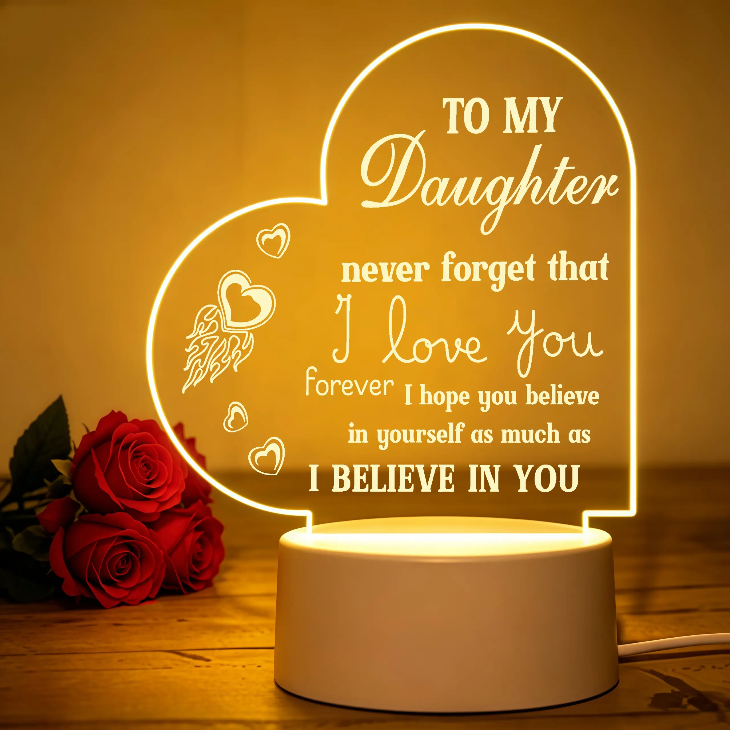 Heart Shaped Acrylic Night Light Gifts for Daughter, To My Daughter Engraved LED Lamp, Birthday Graduation Christmas Thanksgiving Present for Daughter, Bedroom Desktop Decor Light