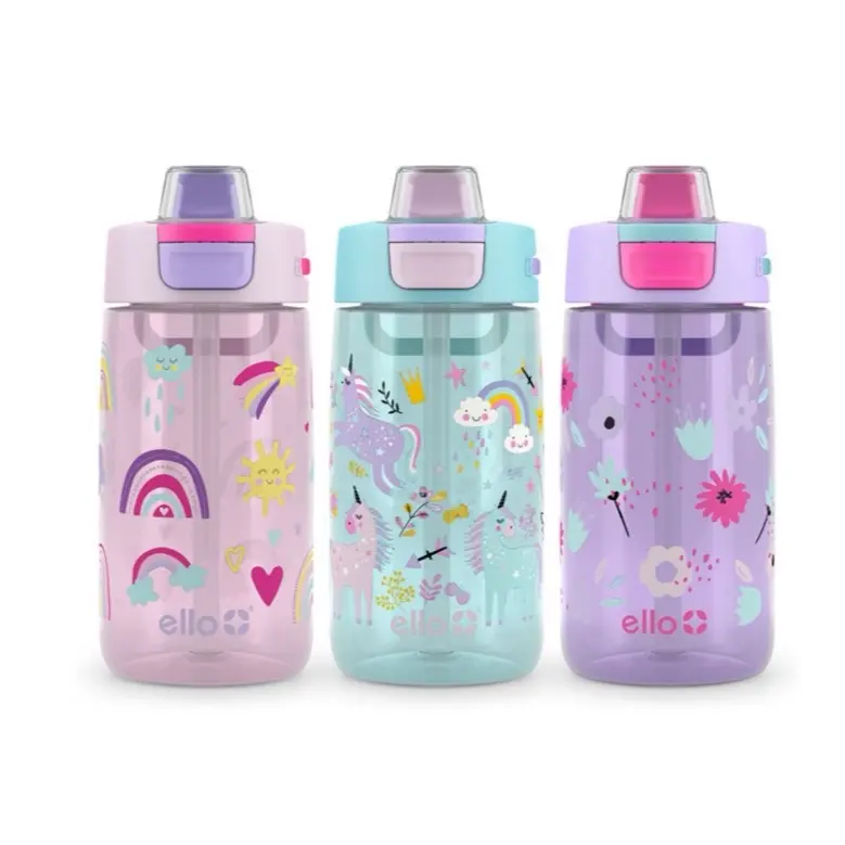 Ello Kids Colby 14-oz Tritan Plastic Water Bottle 3-Pack with Unicorn and Rainbow Designs for Kids Drinkware Washable Reusable Lid Silicone Straw Bottled Set