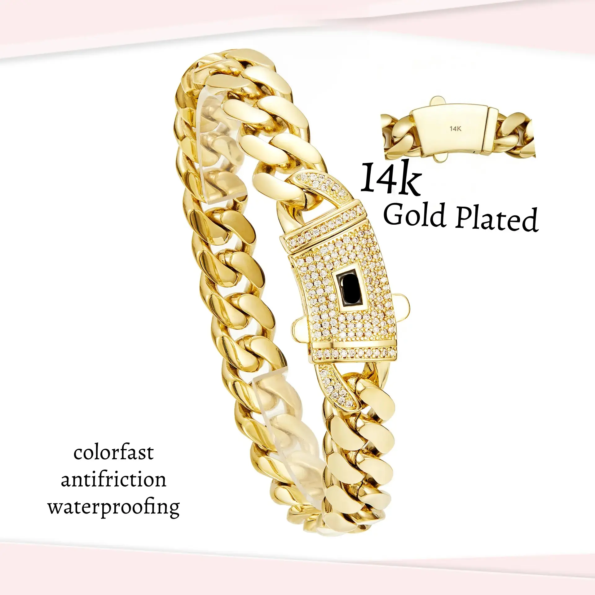 Lumi Accents 14K Gold Plated Unisex Cuban Link Bracelet - Solid Links, Stainless Steel Zirconium Spring Clip, Multi-Size Hip Hop Jewelry for Daily Wear, Ideal Gift for Men and Women