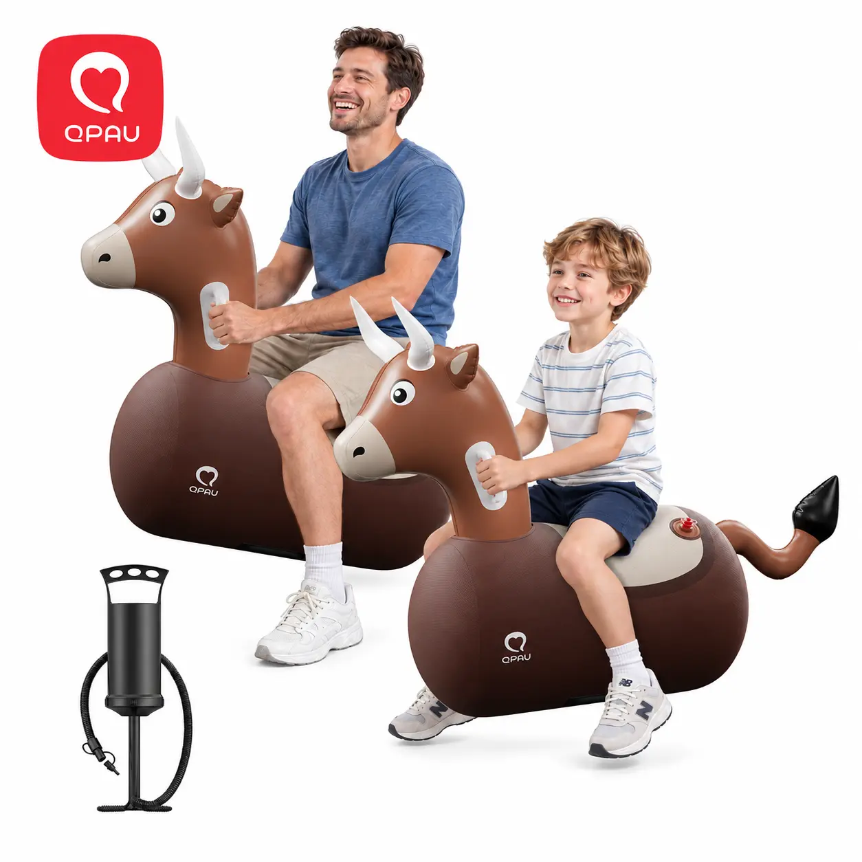 QPAU Large Bull Bouncy Hopper for Kids Ages 5+, Inflatable Ride-On Jumping Toy with Hand Pump, Indoor & Outdoor Play, 220 lbs Capacity, Halloween Gifts
