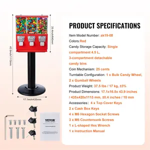 VEVOR Commercial Vending Machine, Triple Compartment Candy Dispenser with Iron Stand, Gumball and Candy Machine for Business, Coin Operated Gumball Bank for Toy Capsules Bouncy Balls Candy Nut, Red