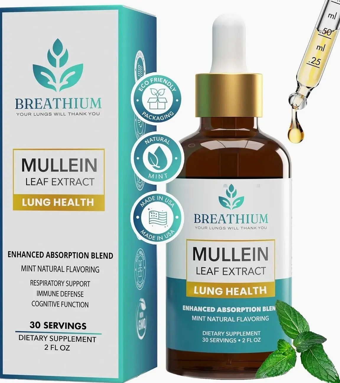 4-in-1 Mullein Drops for Lungs & Gut Health – Liposomal Mullein Leaf Extract, Sunflower Lecithin & Choline for Immune, Digestive, Allergy & Mucus Relief – Made in USA – 2oz Peppermintundefined