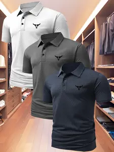 Men's Three-Piece Polo Set, Breathable Quick-Dry Short Sleeve, Casual Commute Daily Wear, Fitted Graphic Tee, Made in China