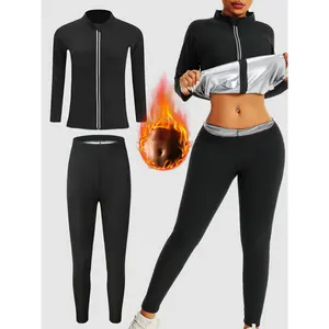 Lady sauna sport outfit - long-sleeved hooded jacket and trousers, with a high collar design, made of polyester fiber spandex, machine washable