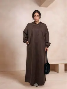 Women's Solid Drawstring Drop Shoulder Hooded Dress, Casual Long Sleeve Pocket Dress for Fall & Winter, Women's Clothing for Daily Wear