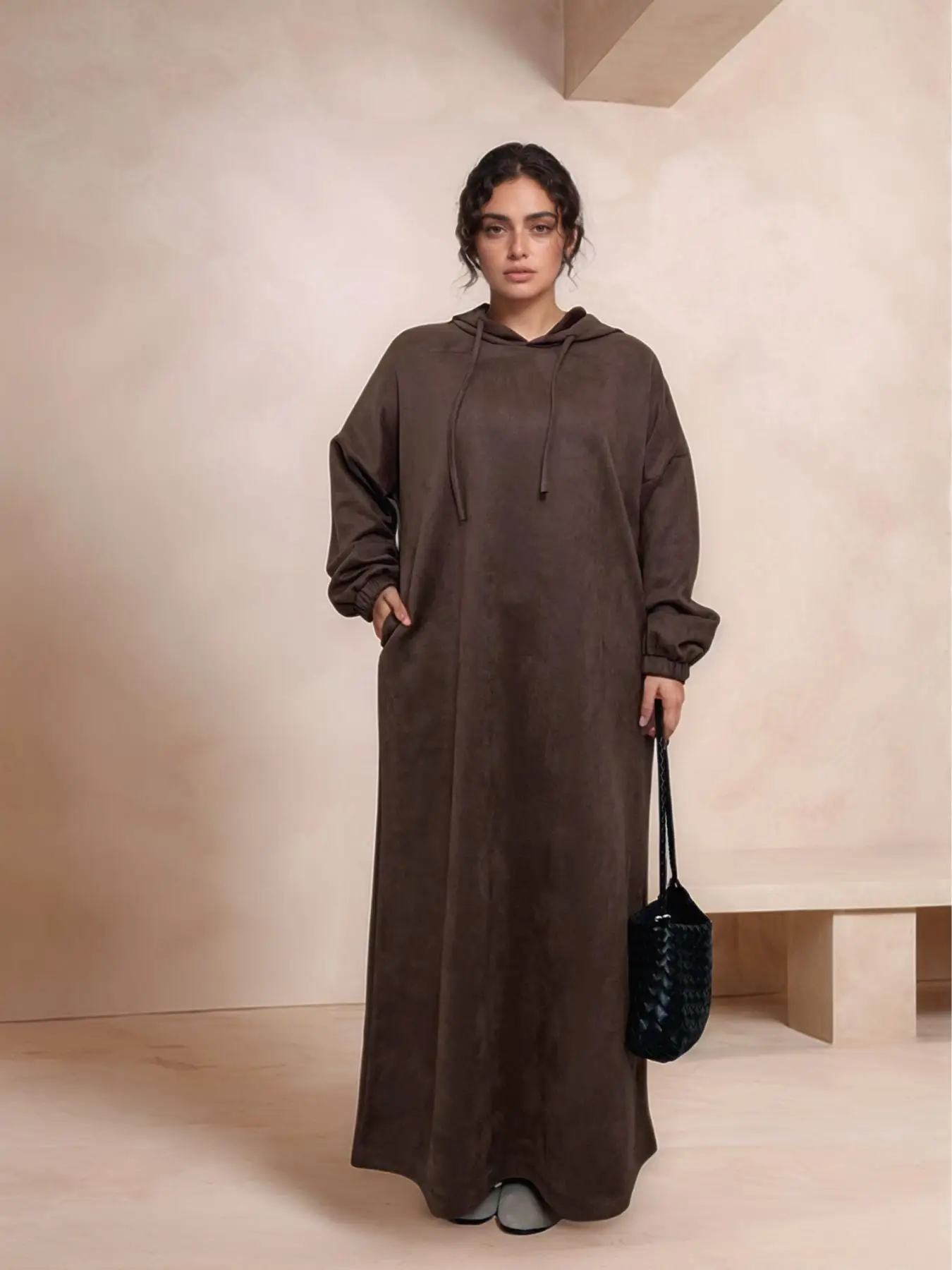 Women's Solid Drawstring Drop Shoulder Hooded Dress, Casual Long Sleeve Pocket Dress for Fall & Winter, Women's Clothing for Daily Wear