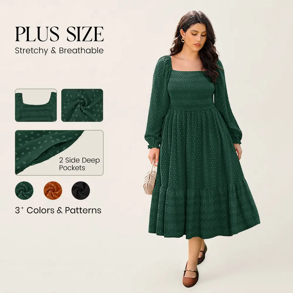 Ritera Plus Size Square Neck Smocked Maxi Dress Long Puff Sleeve Tiered Fall Winter Dress for Curvy Women