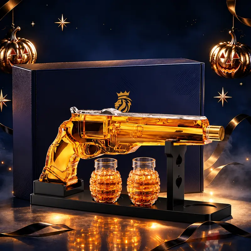 Kollea Gun Whiskey Decanter Sets for Men, Lead-Free Glass with 2oz Glasses, Unique New Year & Birthday Gift Idea for Dad, Husband, and Him, Wooden Display Stand, Perfect Anniversary Stuff Gift, Fathersdaygift giftideas