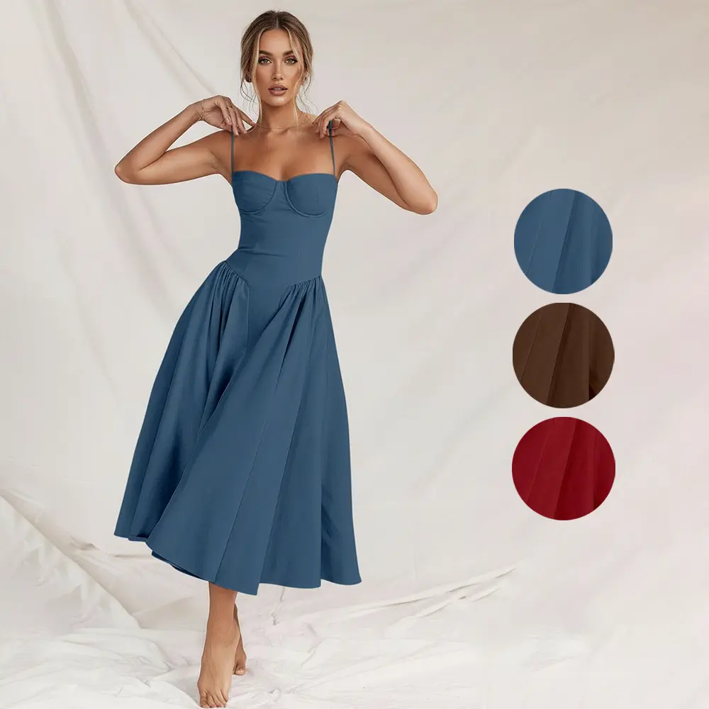 Women's Vintage Corset Midi Dress in Smooth Polyester - A-Line Party Gown with a Boned Bodice and Adjustable Straps, Spaghetti Strap, Drape, Birthday, Elegant, Evening