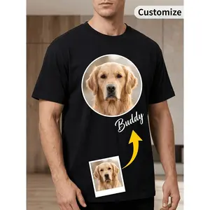 Design Your Custom Pet Photo T-Shirt with a Personalized Dog Picture And Text Name Print. This Casual Crew Neck Short Sleeve Tee Offers Comfortable Unisex Wear for Men Women. It Serves As Perfect Ever