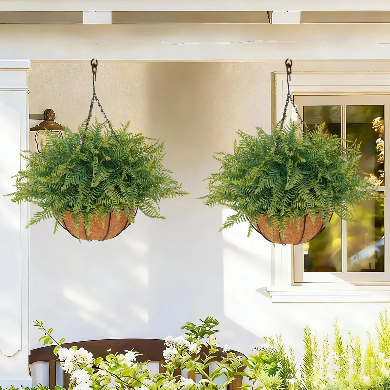 Outdoor Fake Hanging Fern – Artificial Hanging Ferns 2 Pack, Large Faux Boston Fern Bushes, No Assembly Required, UV Resistant Outdoor Hanging Plants for Front Porch, Patio & Indoor Decor