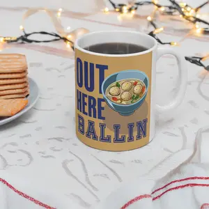 Out Here Ballin Mug - Funny Jewish Holiday Gift, Hanukkah or Passover Mug, Judaica Gift, Chag Sameach Coffee Cup Mug, (11oz, 15oz)