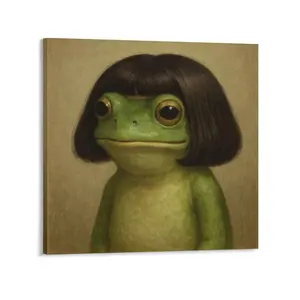 Whimsical Frog with Bob Hair Canvas Print, Cute Green Frog Portrait Wall Art, Funny Animal Decor Poster, Decor for Bedroom, Bathroom, Living Room, Dorm, Nursery, Office
