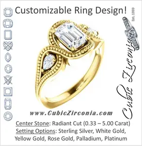 Cubic Zirconia Engagement Ring- The Nainika (Customizable 3-stone Radiant Cut Design with Pear Accents and Filigreed Split Band)