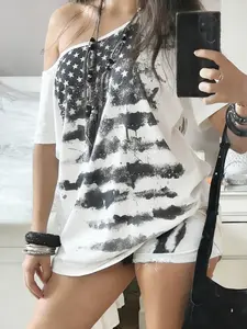 Street Style Vintage Print Short Sleeve White T-Shirt, American Fashion Asymmetrical Shoulder Loose Fit Top, Summer Sexy Off-Shoulder Tee
