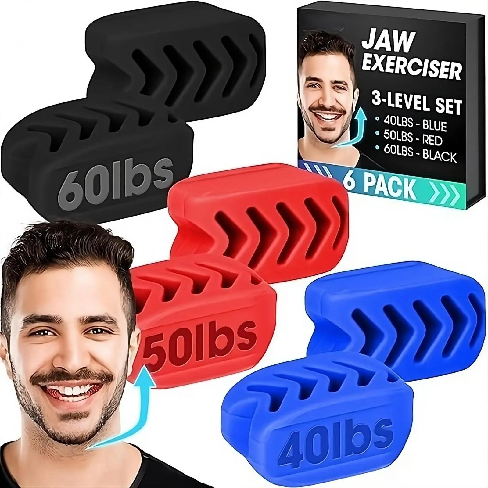 6-Pcs Silicone Jaw Exerciser Multi-Pack - Jawline Definer, Adults’ Anti-Aging Firming/Lifting Tool, 3 Resistance Levels, Double Chin Reducer, Facial Slimming & Massage Skincare Tool