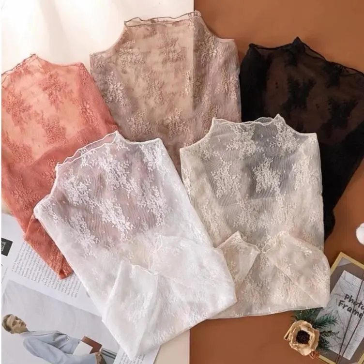 Women's Plain Korean Contrast Lace Top Set (3pcs/4pcs/5pcs) - Semi-Transparent, High-Elastic Soft Fabric, Snug Non-Tight Fit, Hazy Graceful Figure Enhancement, Machine Washable, Do Not Dry Clean