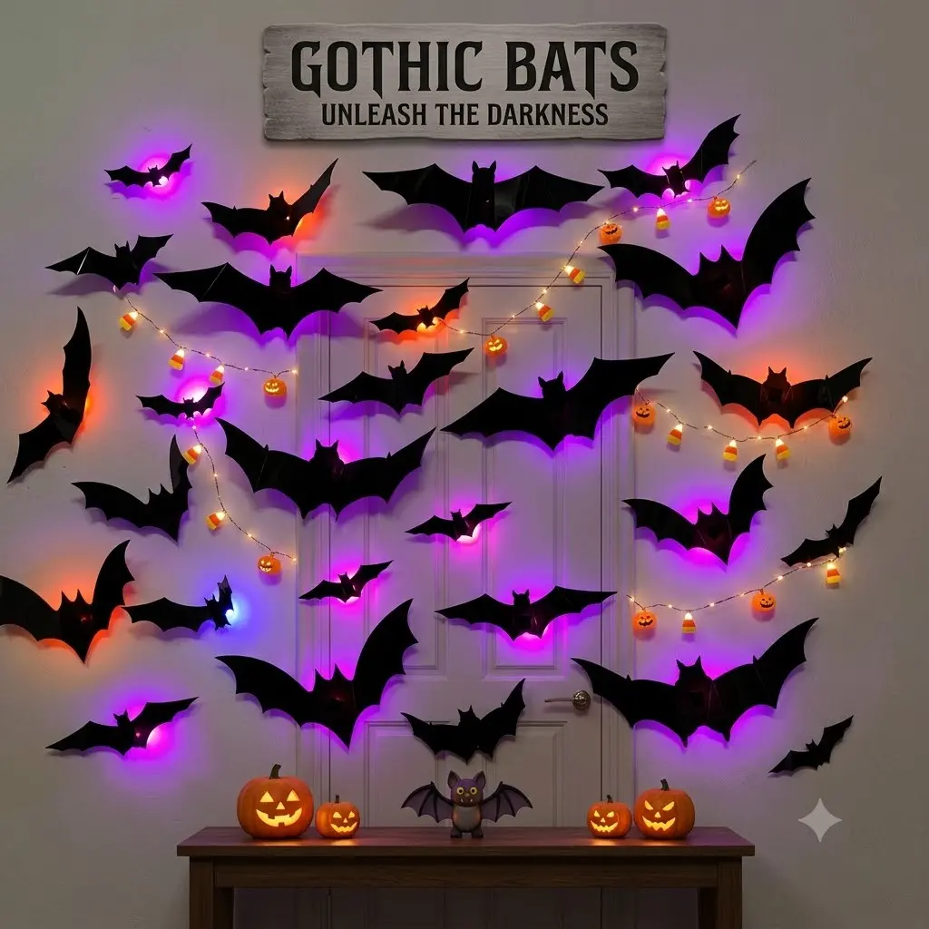 36PCS/24PCS 3D LED Bat Decorations – Battery Powered Light-Up Halloween Wall Stickers, Bendable Spooky Decor for Home, Window, Door, Party & Haunted House