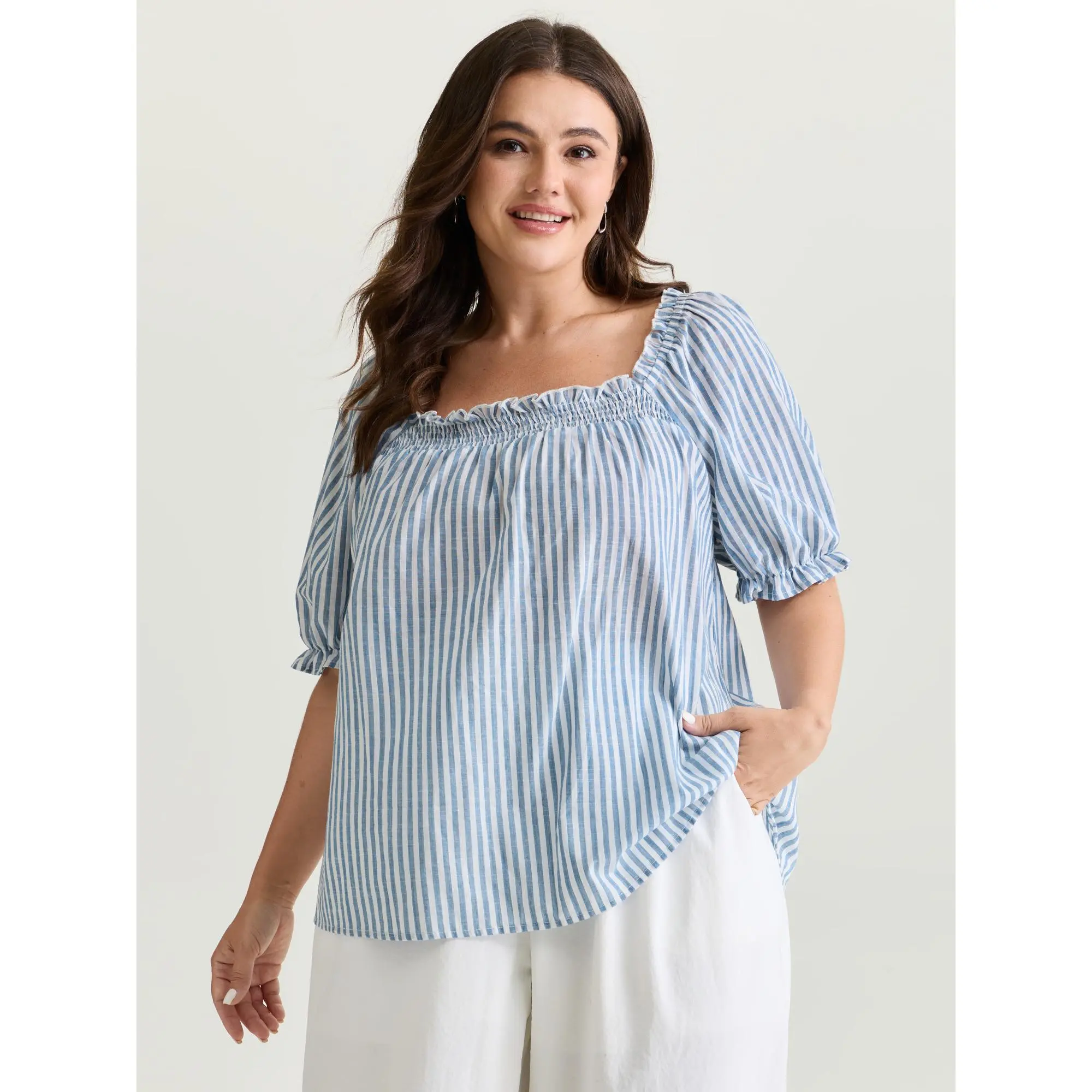 BloomChic Women's Plus Size Cerulean Striped Blouse, 100% Cotton Summer Top with Bust-Friendly Smocked Bodice and Lantern Sleeves, Shirts,Summerfinds
