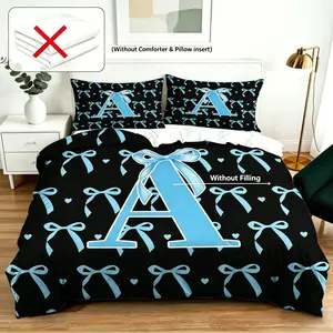 2/3 Piece A-Z Initial Letter Blue Bow Duvet Cover Set, 1 Duvet Cover + 1/2 Pillowcases (No Filling Included), Soft Polyester Coquette Aesthetic Bedding, Personalized Bedroom Decor for Girls Teens & Women, Ideal Birthday Gift