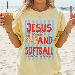 Jesus And Softball Graphic Tee | Christian Softball Mom Shirt | Comfort Colors Faith Based Sports T-Shirt | Run The Bases Set Before You