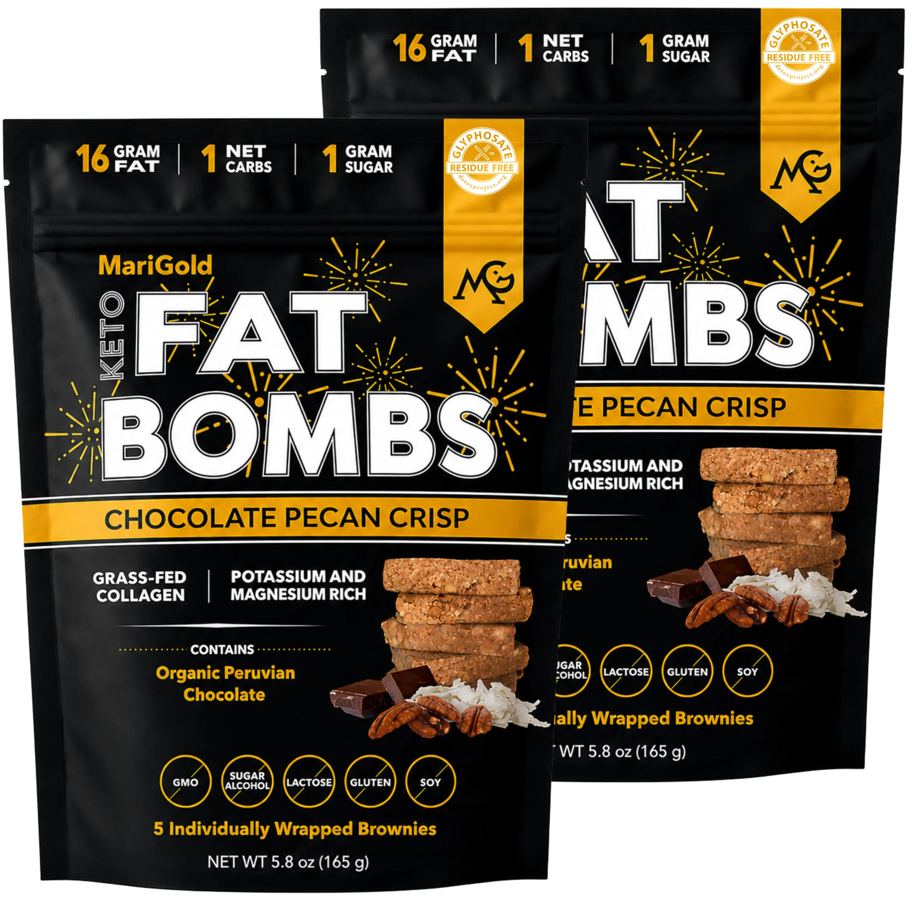 MariGold Keto Fat Bombs - Chocolate Pecan Crisp - 2 PACK (10 Bars) - Low Carb/Collagen Rich, Low Sugar, Organic Grassfed Ghee - Cocoa Butter, Gluten-Free/Non-GMO, Protein Snacks