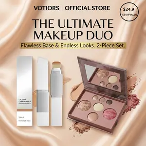 VOTIORS Ultimate Makeup Duo - 2-in-1 Color-Changing Foundation Stick & 4-In-1 Eyeshadow Blush Palette, Portable & Long-Wear, Gentle Mineral Oil Blend, Perfect for Daily & On-The-Go Use