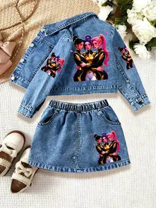 Girls' Cartoon Print Denim Jacket & Short Skirt Suits Set, Casual Fitted Design, Perfect for Spring & Fall, Ages 1-8, Ideal Gift