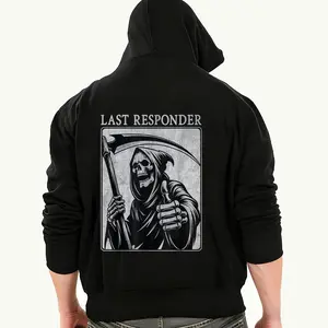 Men’s Gothic “Last Responder” Grim Reaper Hoodie – Street Style Pullover with Dark Skeleton & Scythe Print, Soft Cotton Blend, Drawstring Hood & Kangaroo Pocket, Loose Fit Warm Sweatshirt for Fall Winter, Halloween, Casual Streetwear  Graphics streetwear