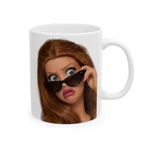 Funny Disgusted Doll Face Mug, Hilarious Coffee Cup with Sunglasses Design, Sarcastic Diva Reaction Ceramic Mug, Relatable Office Humor Gift for Her, 11oz 15oz White Durable Tea Mug for Besties & Coworker